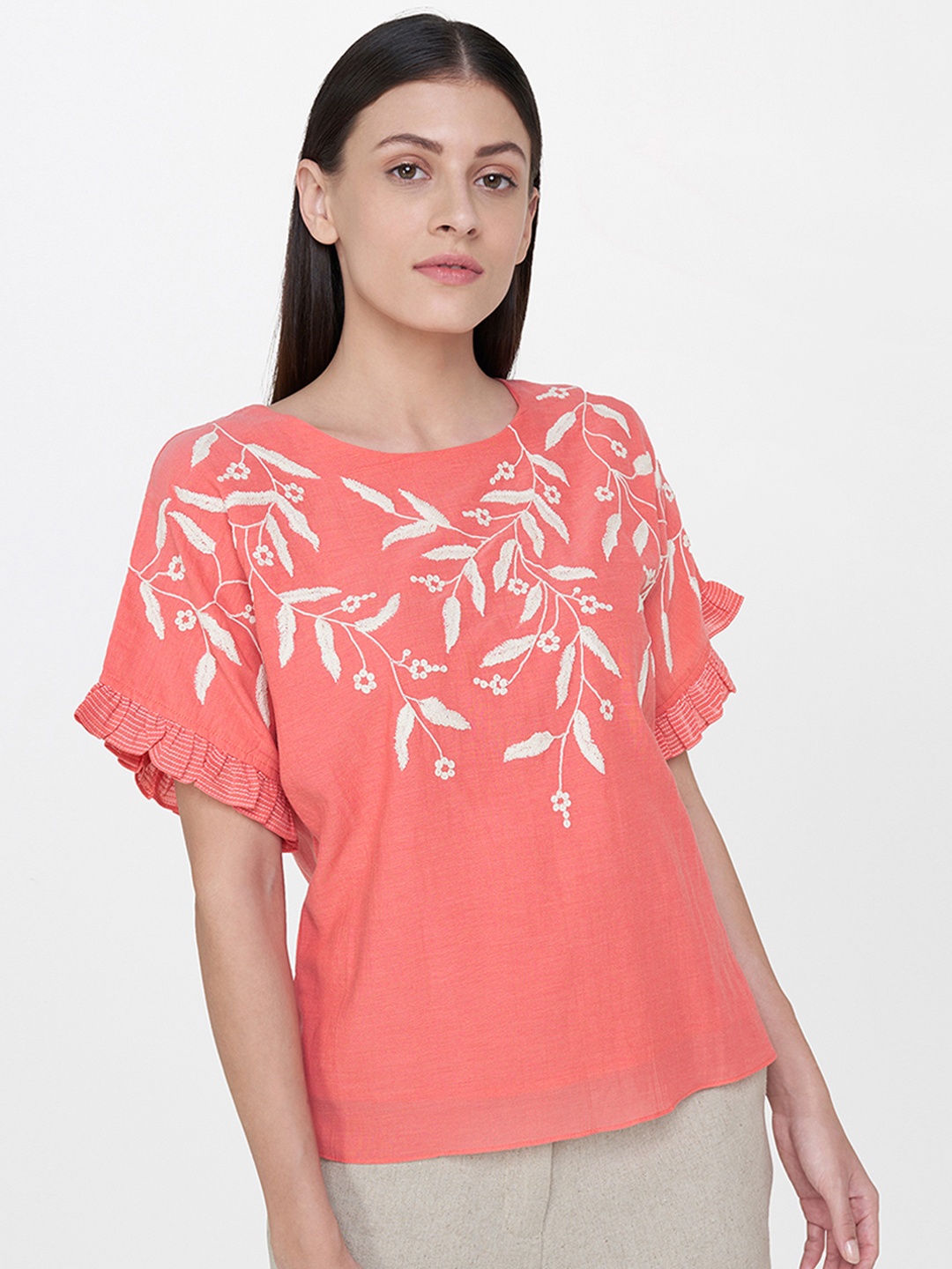 

AND Women Coral Orange Embroidered Top
