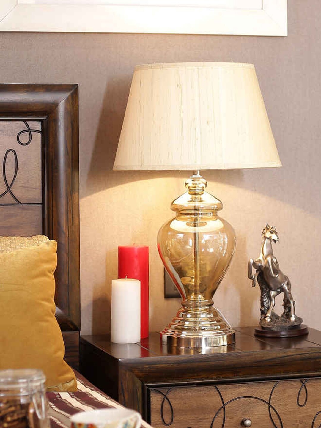 

THE LIGHT STORE Champagne-Toned Self Design Bedside Table Lamp with Shade