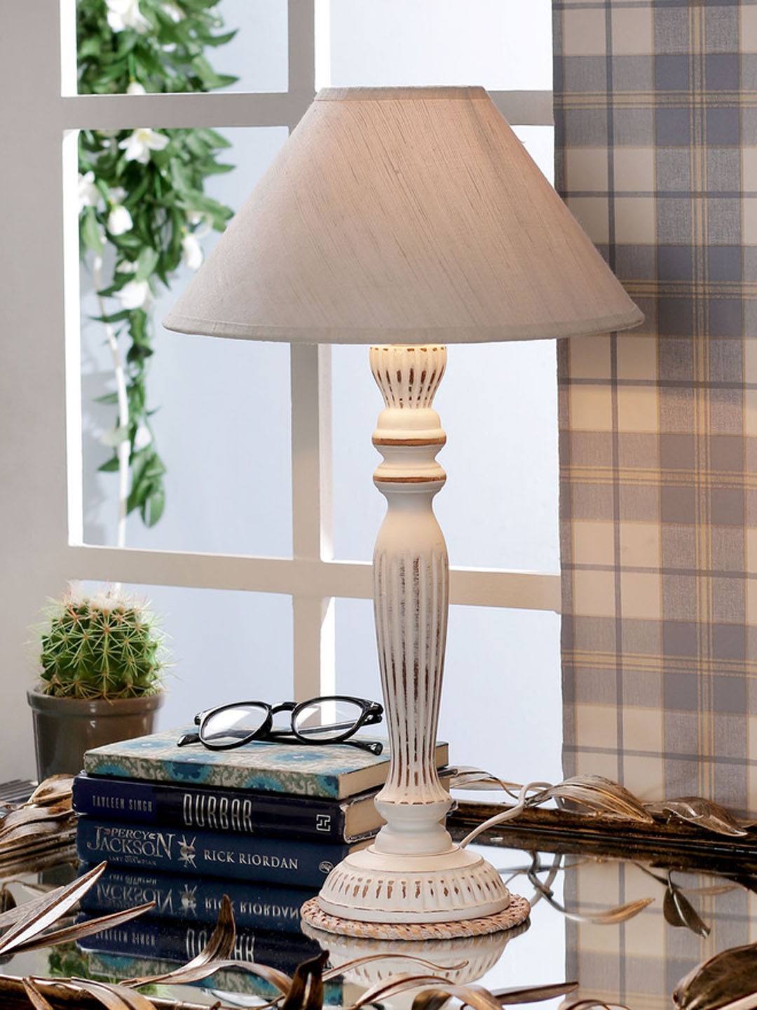 

THE LIGHT STORE White Self Design Bedside Standard Table Lamp with Shade