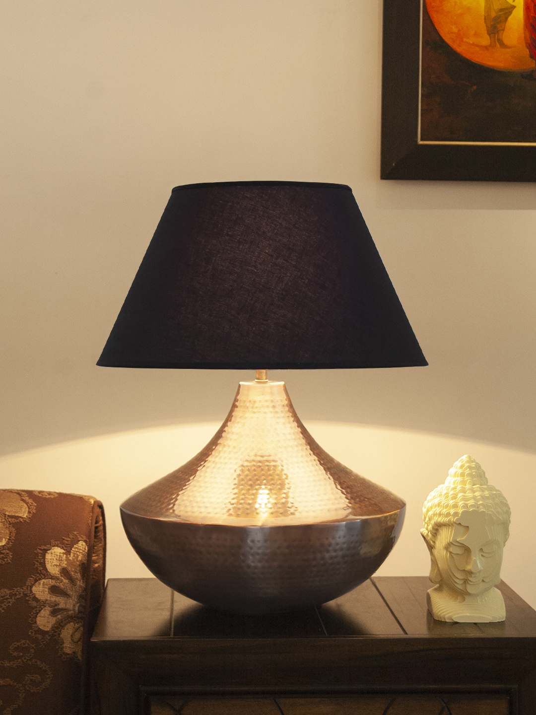 

THE LIGHT STORE Copper-Toned & Black Self Design Bedside Table Lamp with Shade