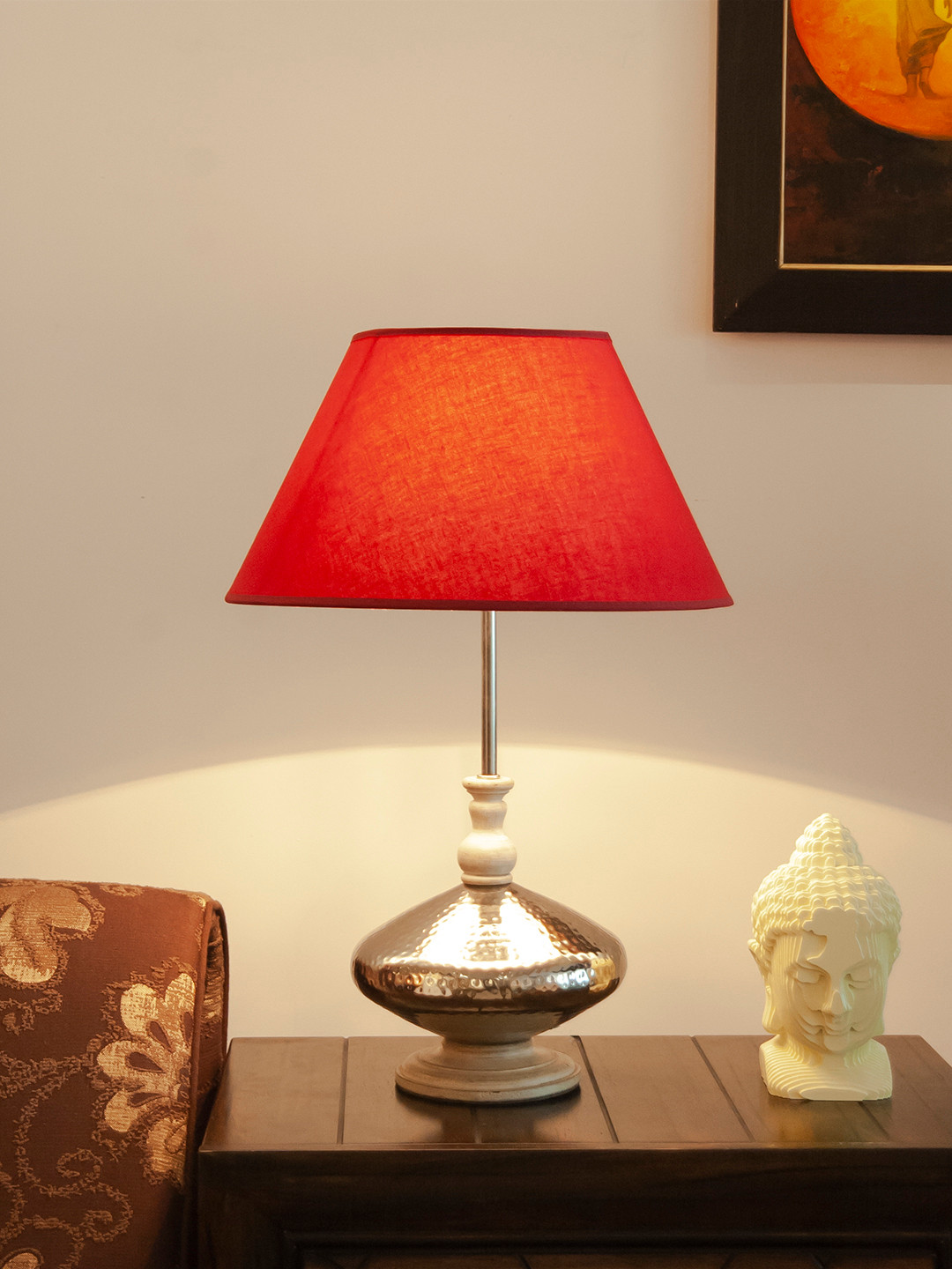 

THE LIGHT STORE Red & Gold-Toned Solid Traditional Bedside Table Lamp with Shade