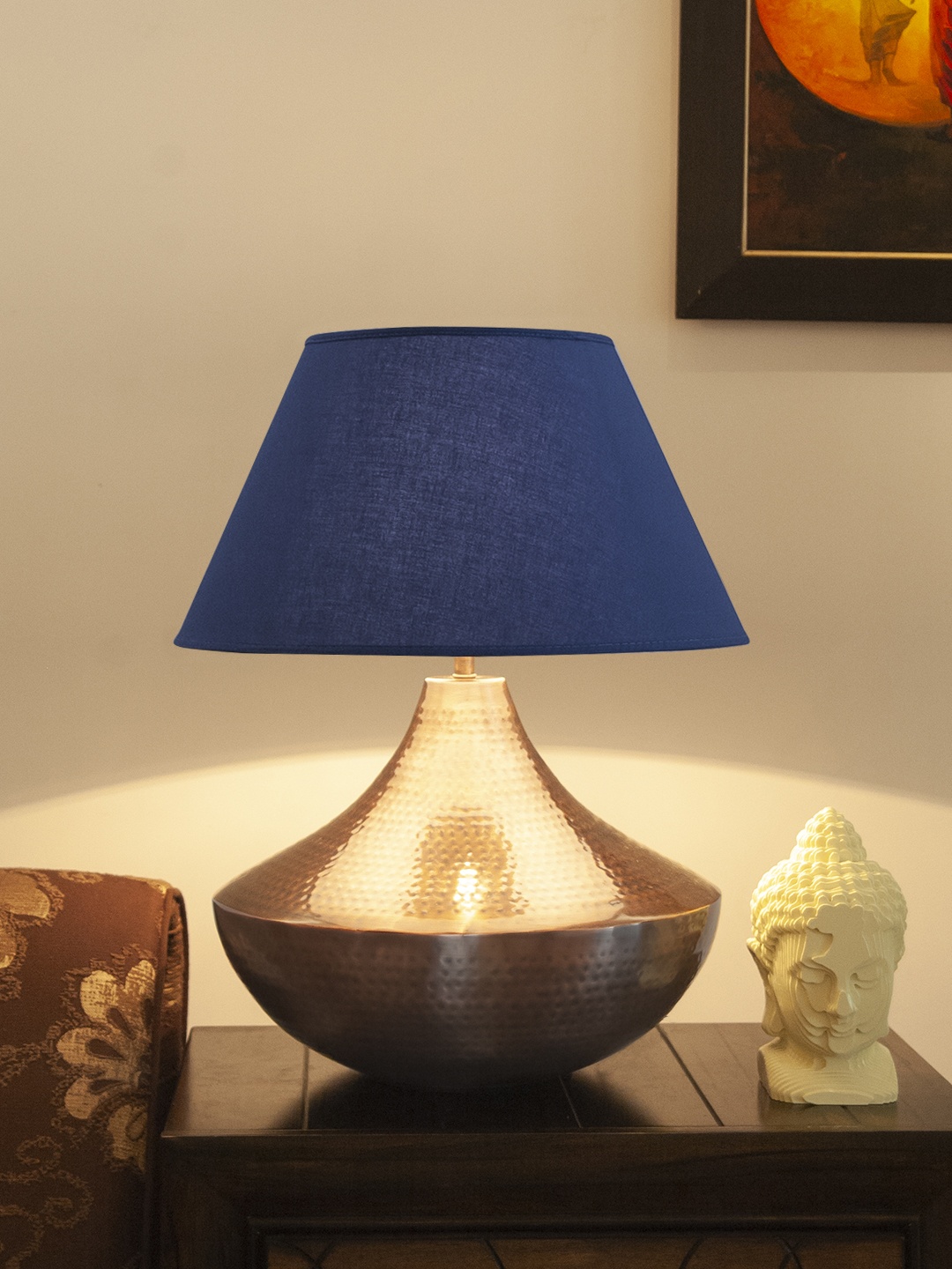 

THE LIGHT STORE Copper-Toned & Navy Blue Self Design Bedside Table Lamp with Shade