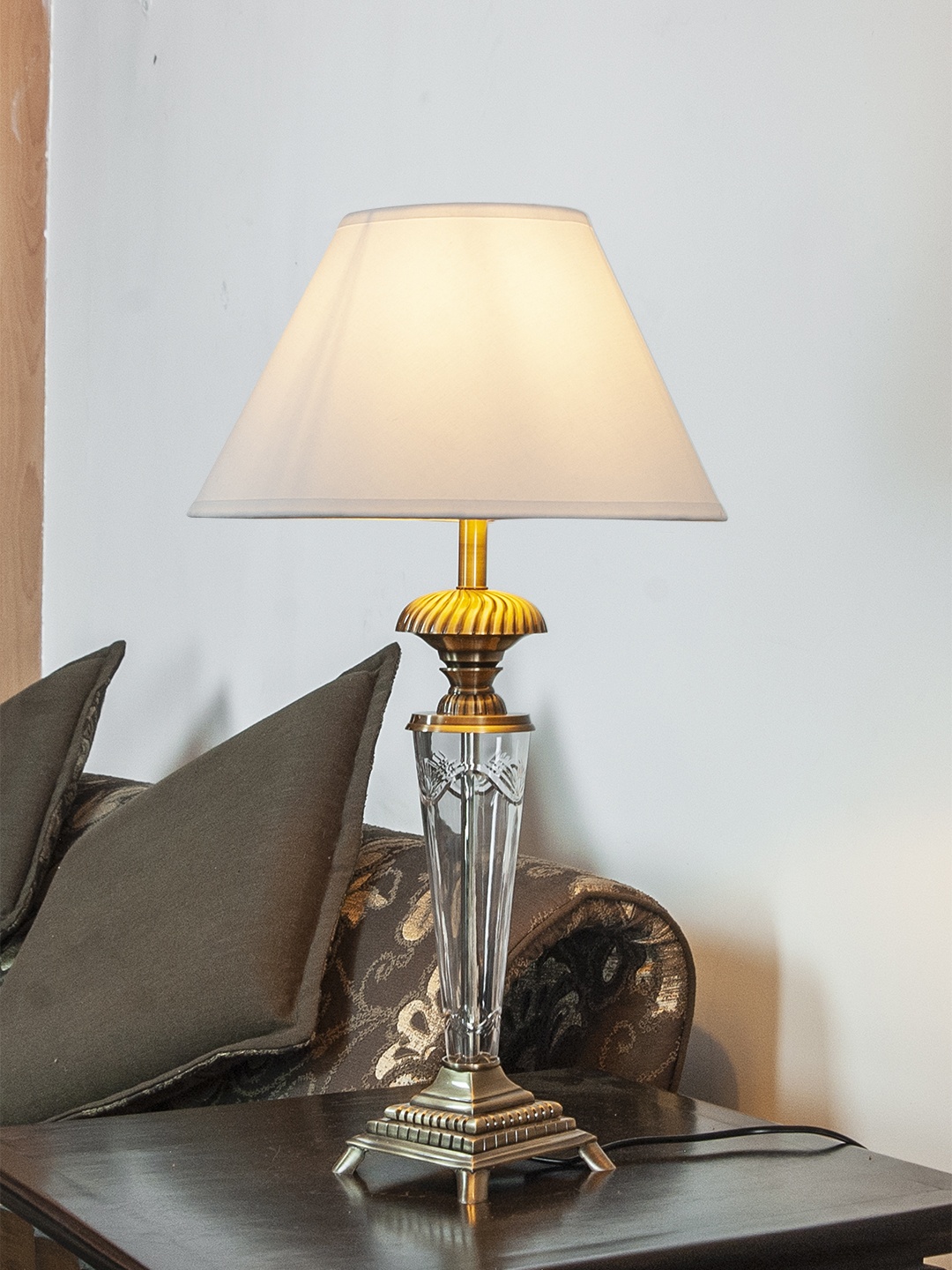 

THE LIGHT STORE Gold-Toned & Off-White Self Design Bedside Table Lamp with Shade