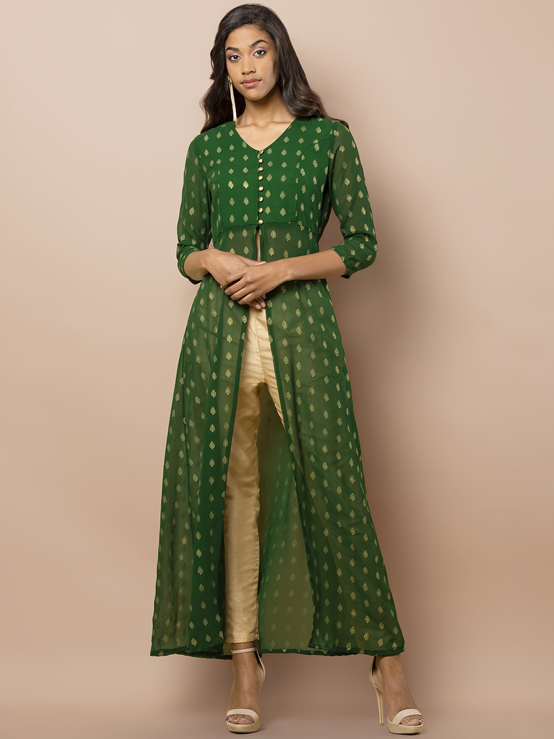

INDYA Green Leaf Foil High Slit Tunic