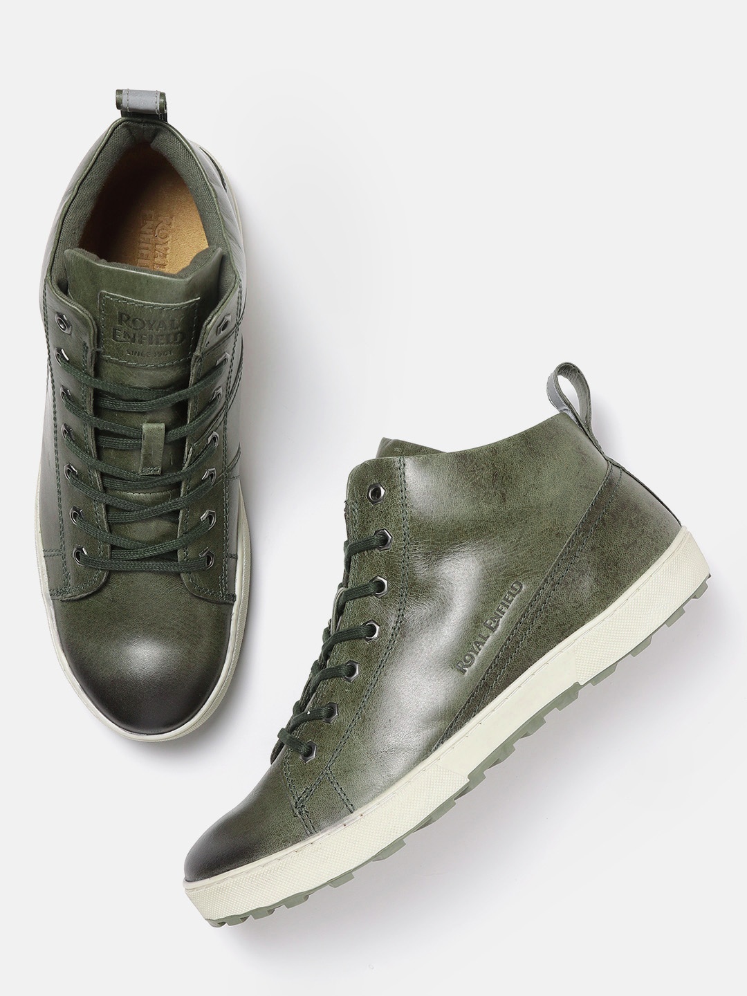 

Royal Enfield Men Olive Green Solid Leather Mid-Top Sneakers