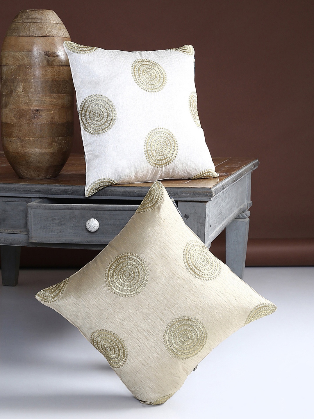 

ROMEE Polyester Embroidered Geometric Cushion Cover 16" x 16" Set of 2 - White & Beige