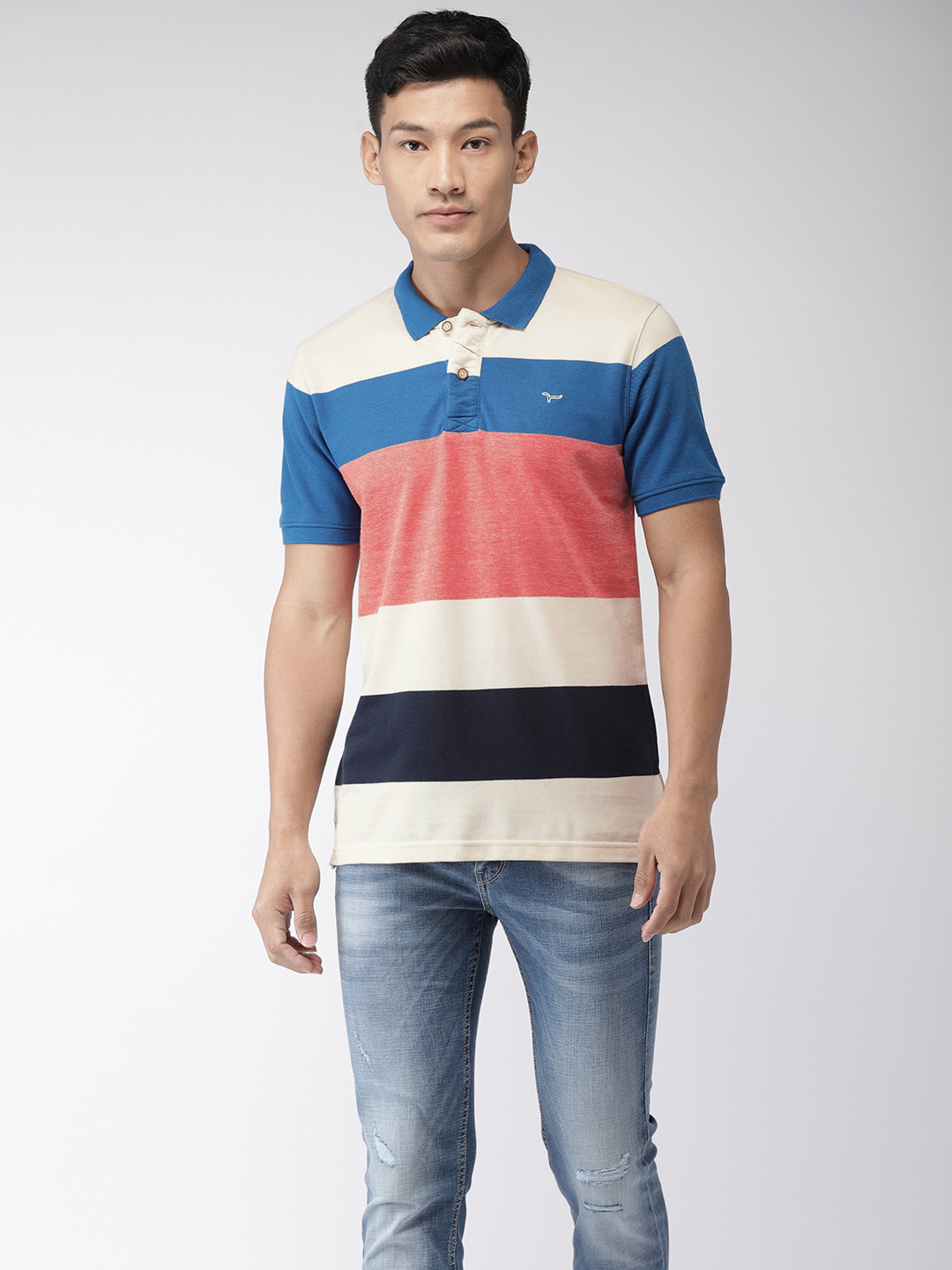 

Flying Machine Men Peach Striped Polo Collar T-shirt