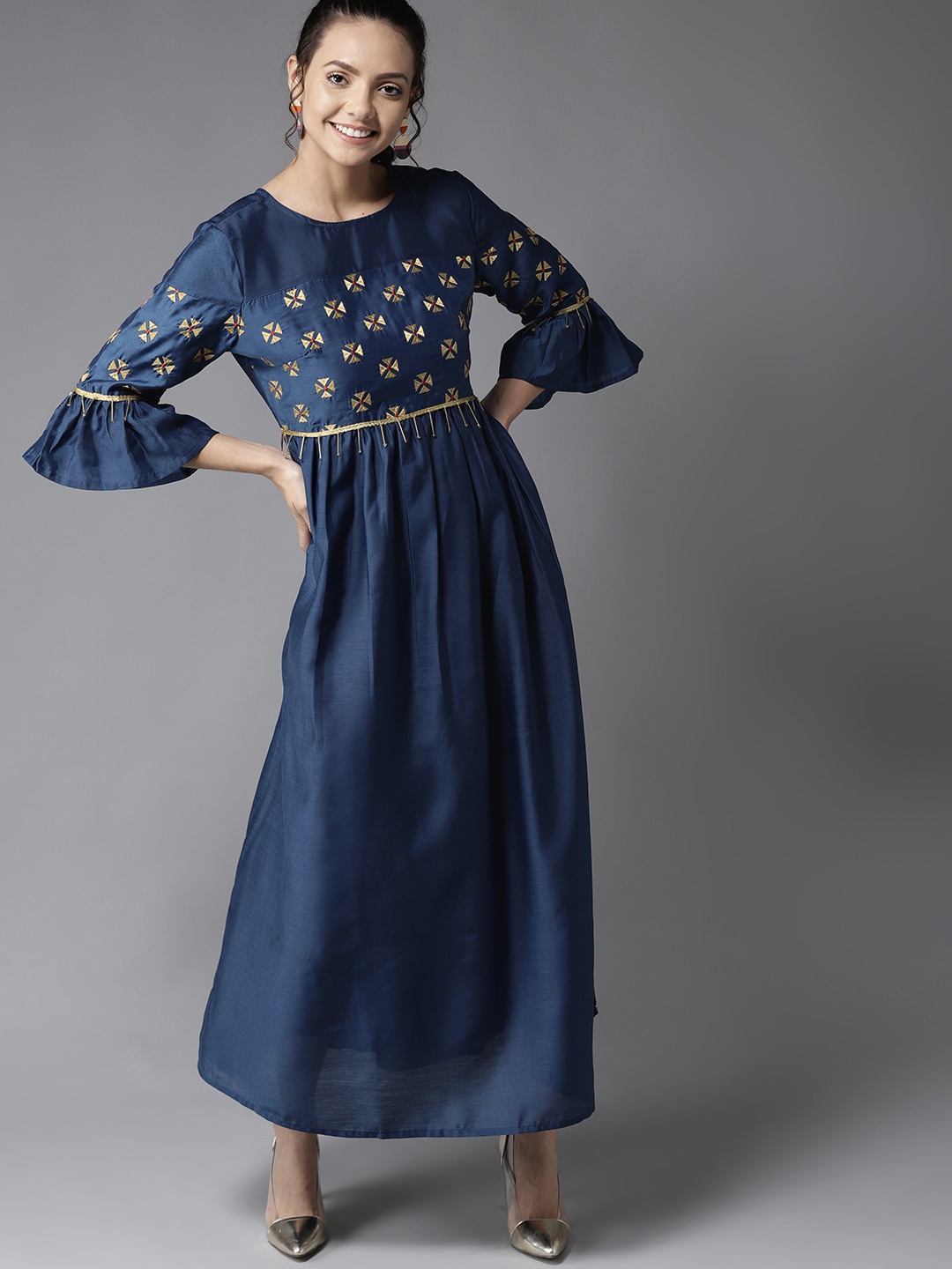 

HERE&NOW Women Teal Blue Embroidered Detail Maxi Dress