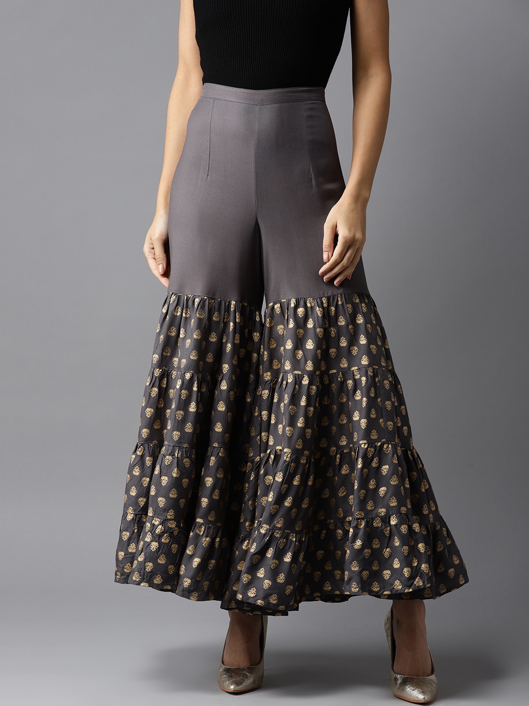 

HERE&NOW Women Grey & Golden Printed Flared Palazzos