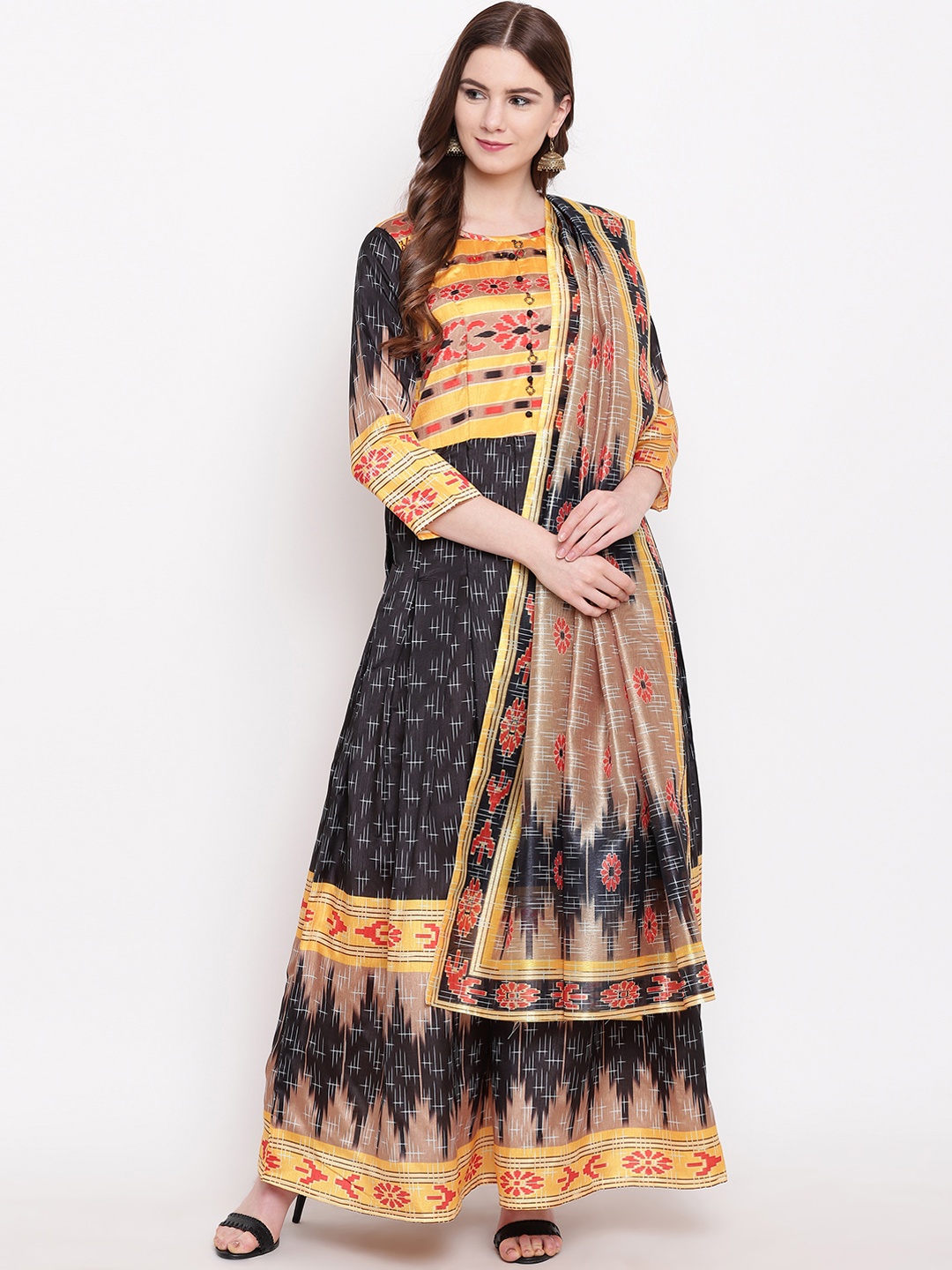 

Kvsfab Women Black & Yellow Printed A-Line Kurta
