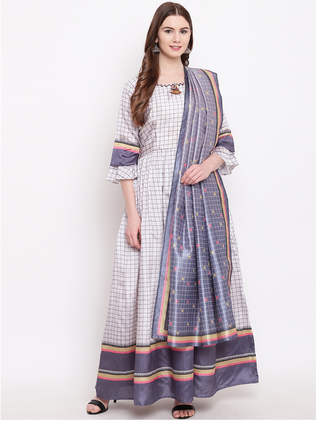 

Kvsfab Women Cream-Coloured & Grey Printed A-Line Kurta