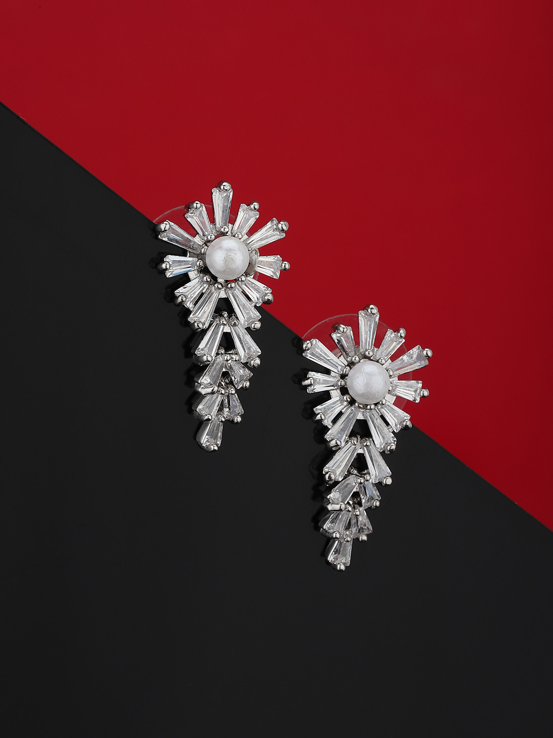 

Carlton London Silver-Toned & White Rhodium-Plated CZ-Studded Contemporary Drop Earrings