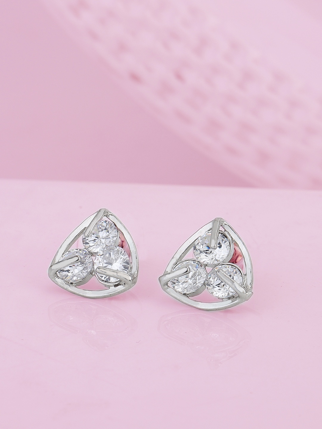 

Carlton London Silver-Toned Rhodium-Plated CZ Studded Triangular Studs