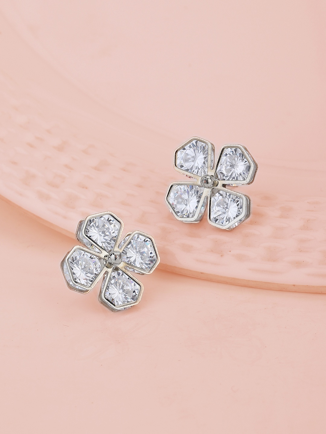 

Carlton London Silver-Toned Rhodium-Plated CZ Studded Floral Studs