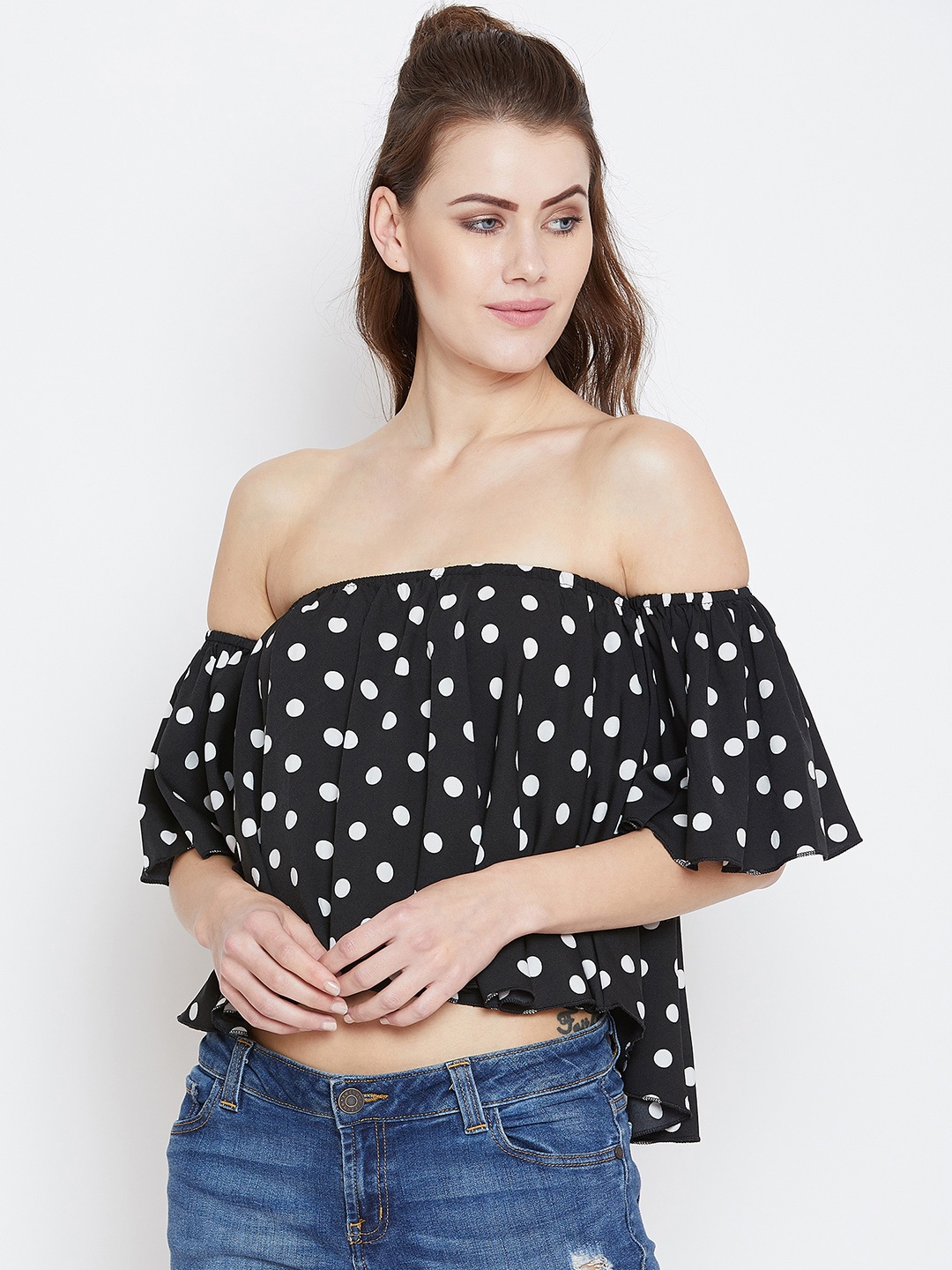 

Berrylush Women Black Polka Dot Printed Bardot Top