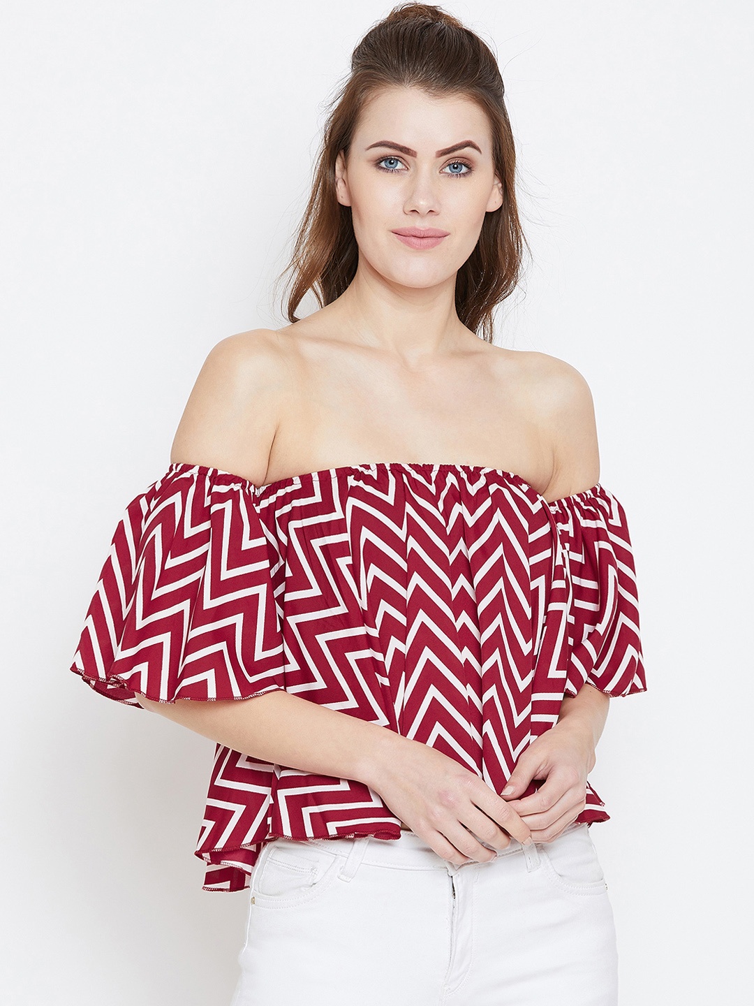 

Berrylush Women Red Printed Bardot Top