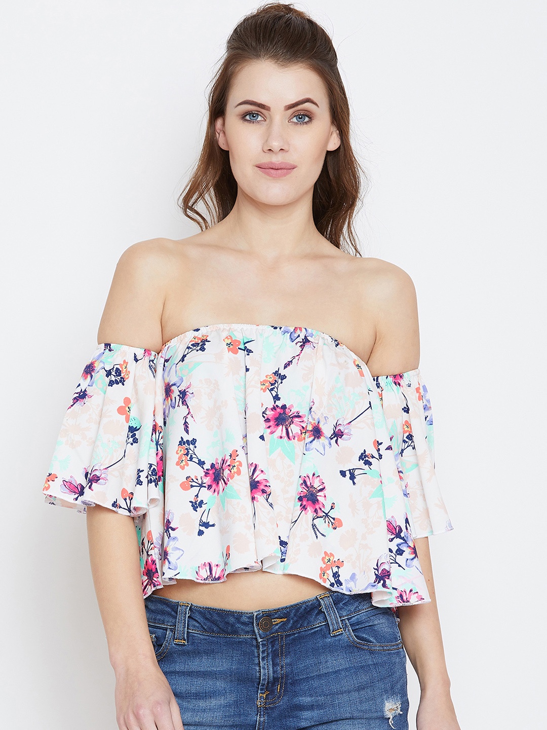 

Berrylush Women White Printed Bardot Top