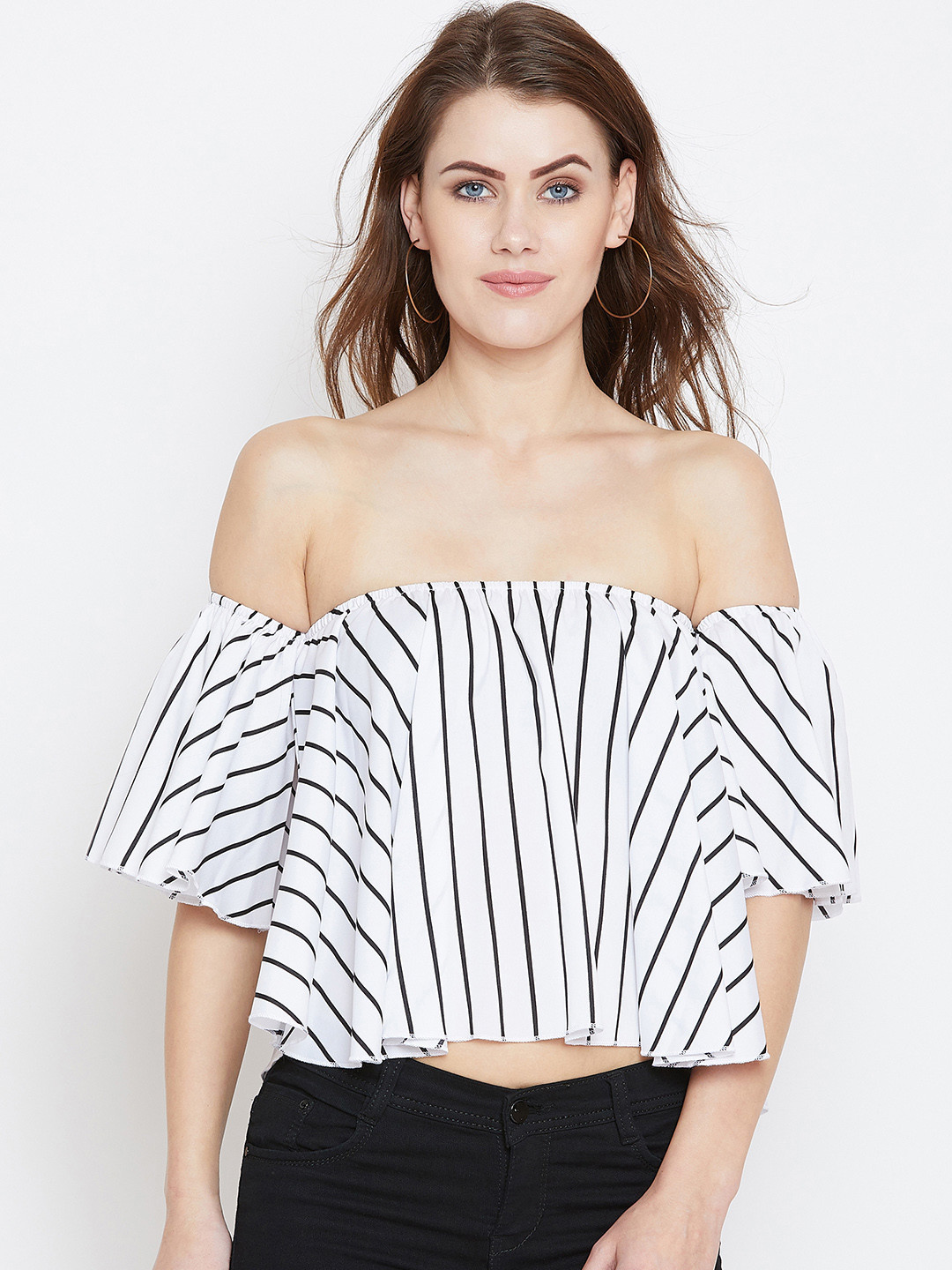 

Berrylush Women White Striped Bardot Top