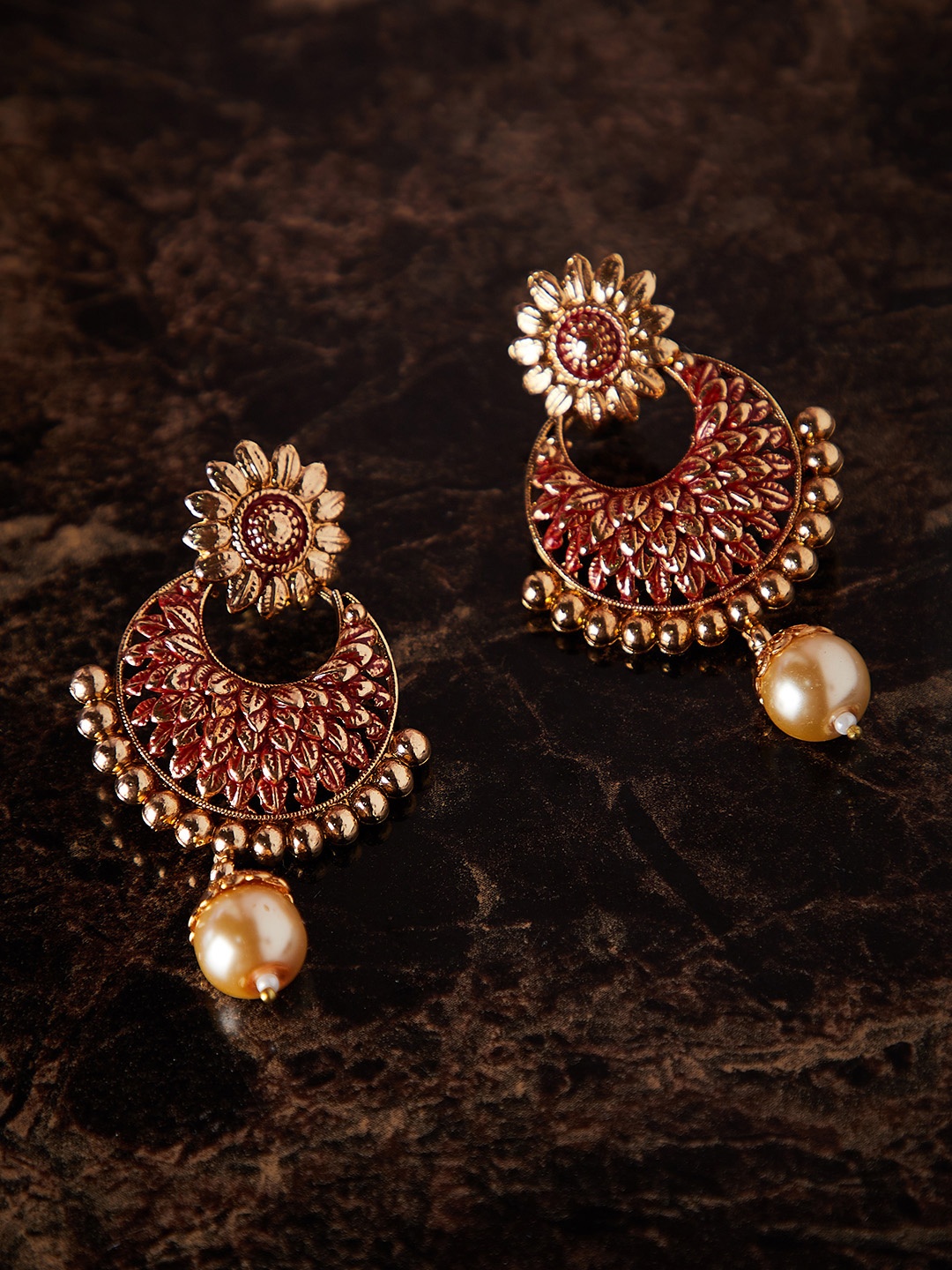 

PANASH Gold-Toned & Red Floral Drop Earrings