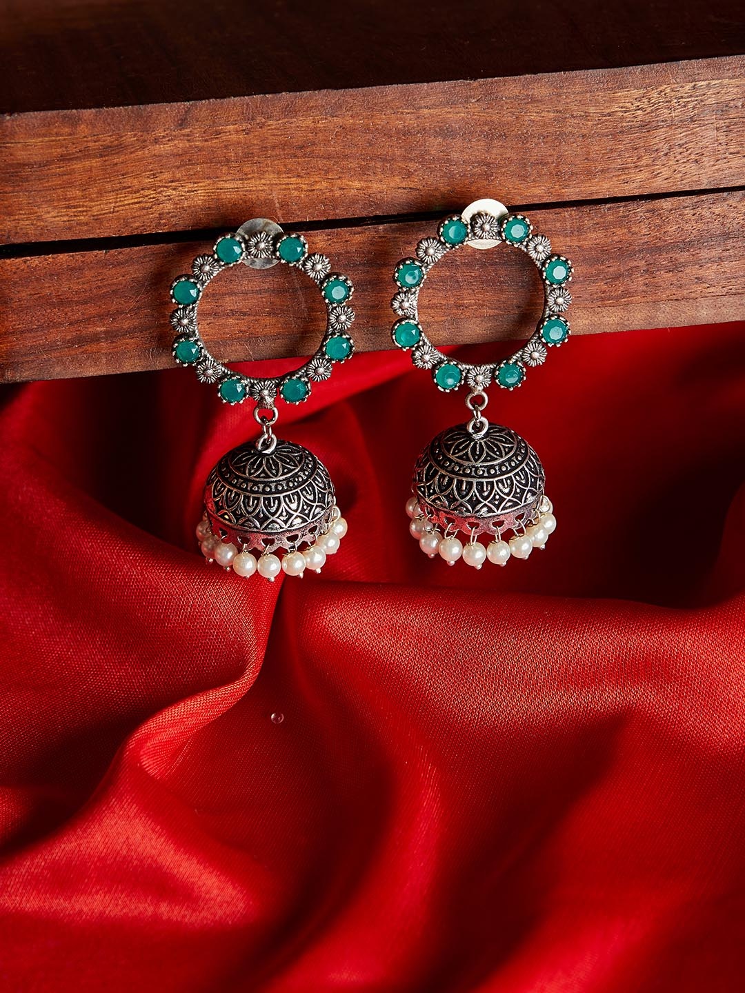 

PANASH Silver-Plated & Green Dome Shaped Oxidised Jhumkas