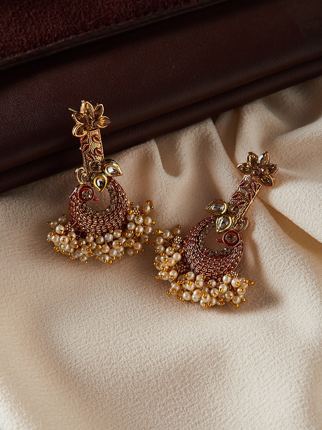 

PANASH Gold-Plated Red Peacock Shaped Handpainted Drop Earrings