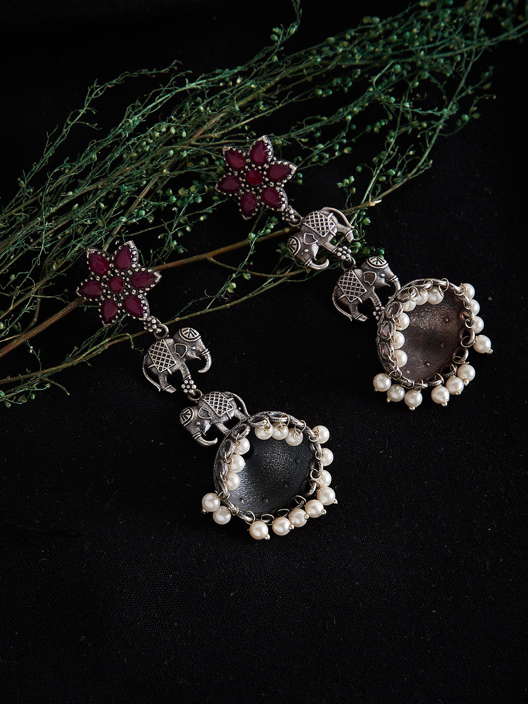 

PANASH Silver-Plated & Pink Animal Shaped Oxidised Jhumkas