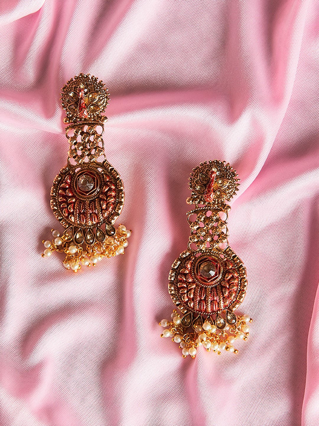 

PANASH Gold-Toned & Red Peacock Shaped Drop Earrings