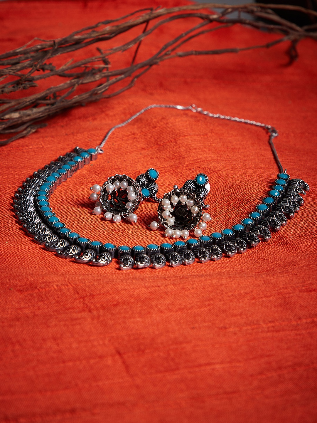 

PANASH Women Oxidised Silver-Plated & Blue Stone-Studded Handcrafted Jewellery Set