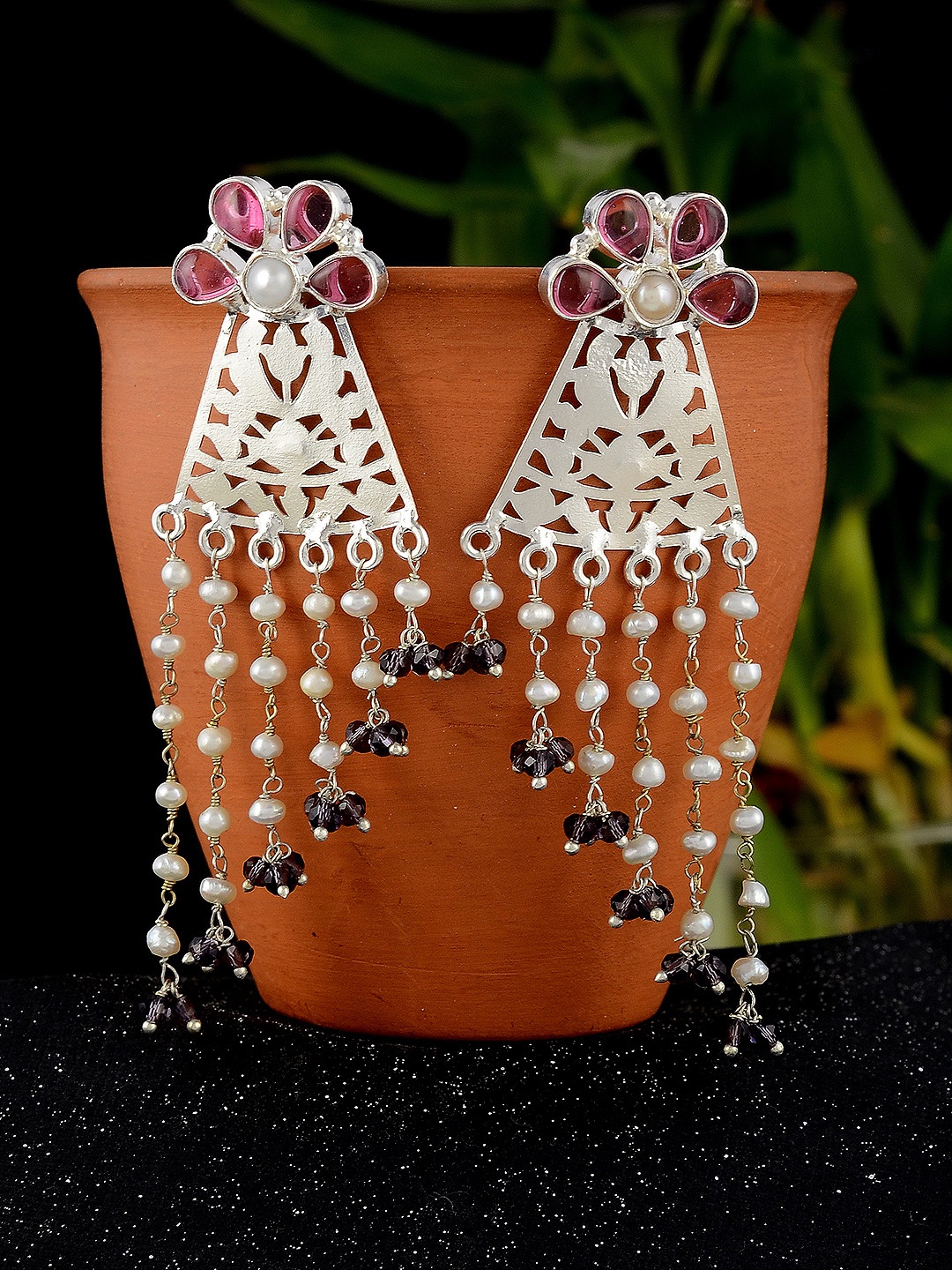 

Silvermerc Designs Women Silver-Toned & White Classic Jhumkas