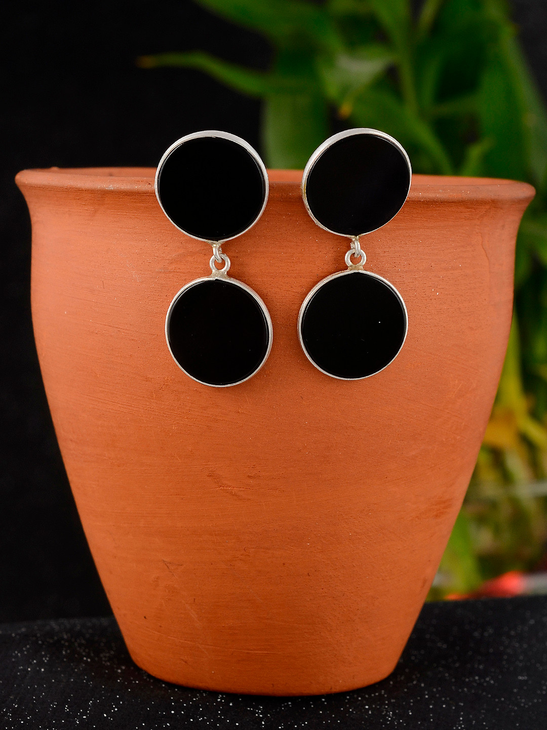 

Silvermerc Designs Women Silver-Toned & Black Classic Drop Earrings