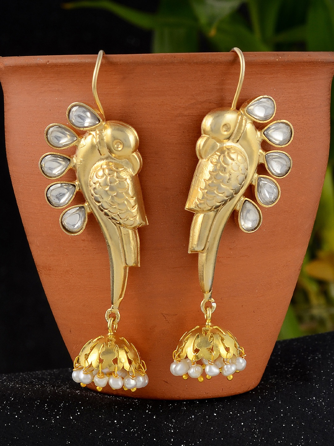 

Silvermerc Designs Gold-Toned & White Peacock Shaped Jhumkas