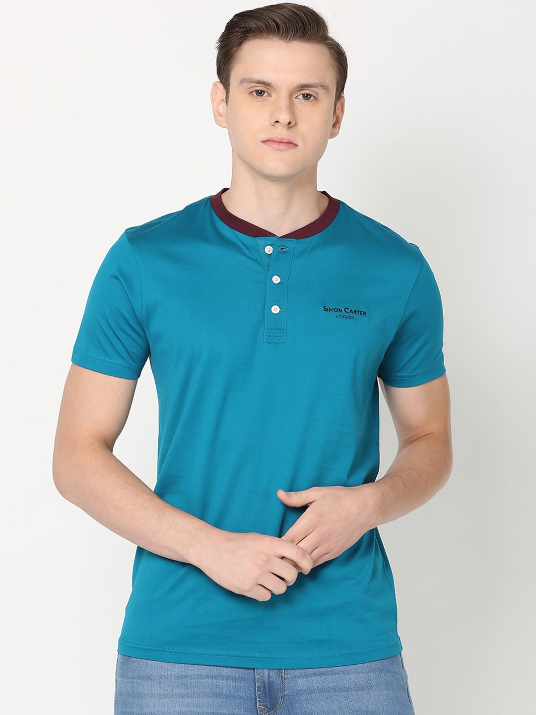 

SIMON CARTER LONDON Men Blue Solid Henley Neck Pure Cotton T-shirt