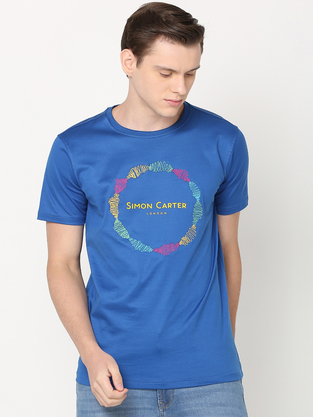 

SIMON CARTER LONDON Men Blue Solid Round Neck Pure Cotton T-shirt