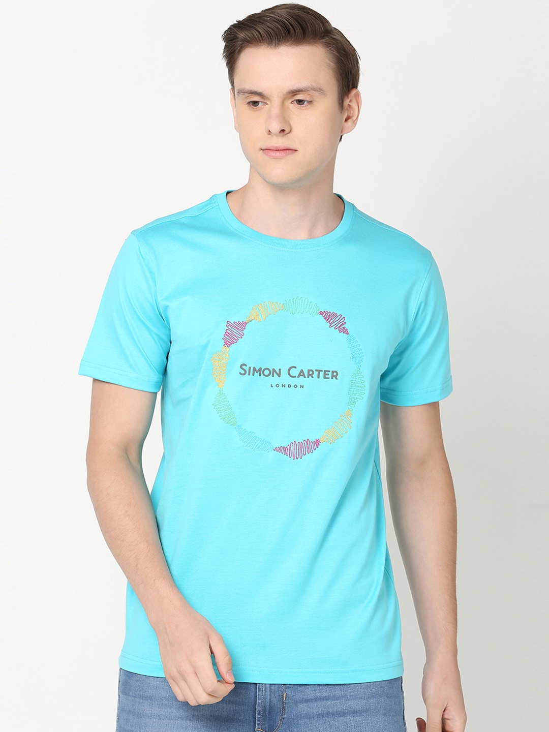 

SIMON CARTER LONDON Men Blue Printed Round Neck Pure Cotton T-shirt