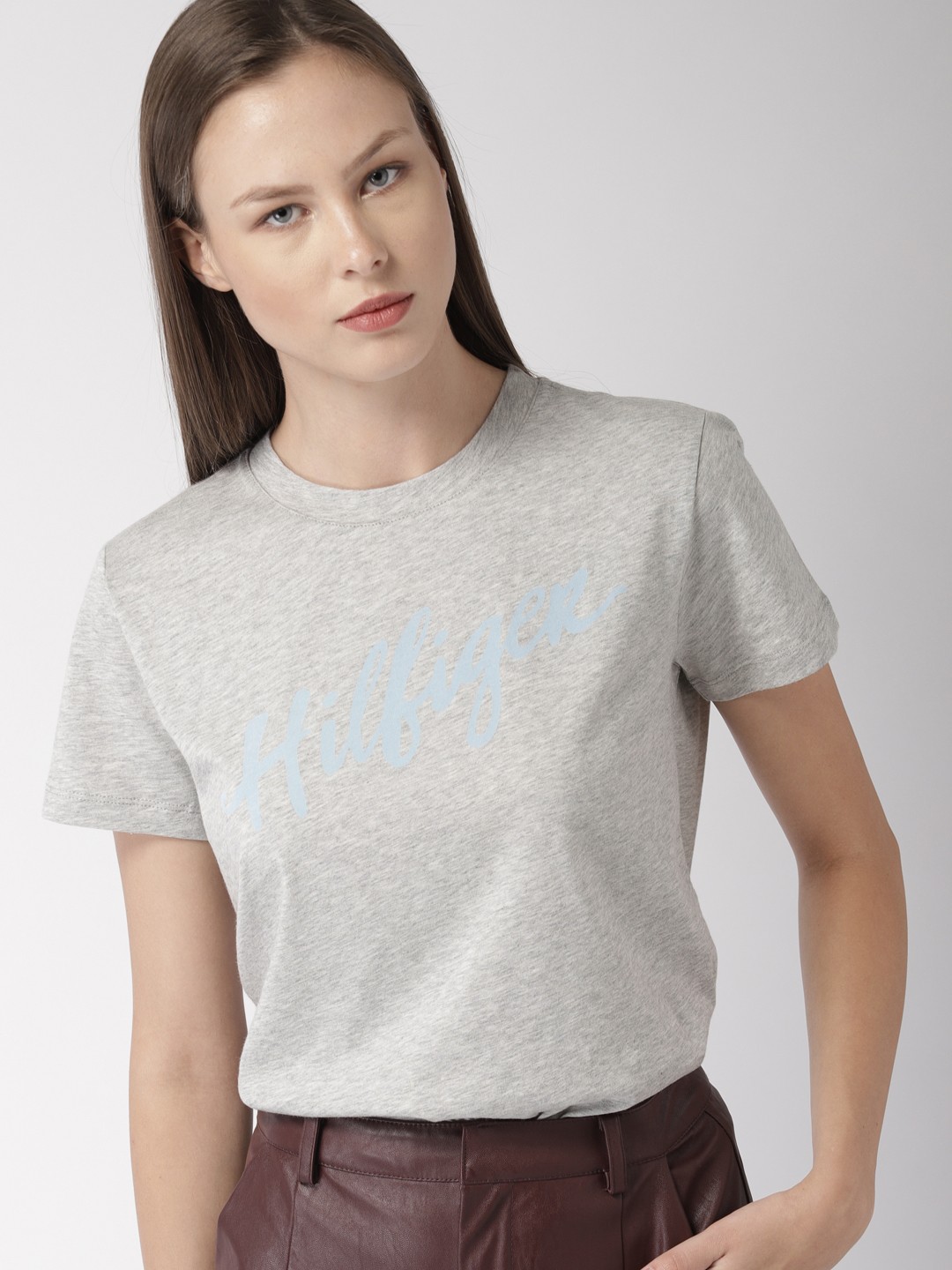 

Tommy Hilfiger Women Grey Melange Printed Round Neck Pure Cotton T-shirt