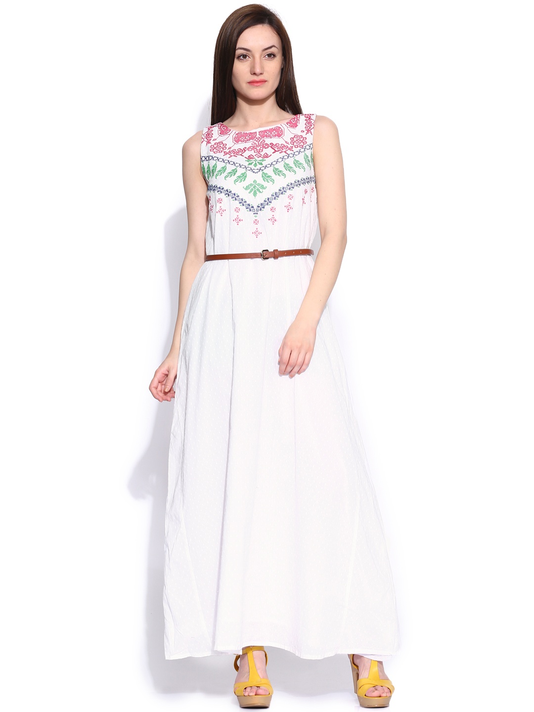 

Tokyo Talkies White Dobby Weave Maxi Dress with Embroidered Detail