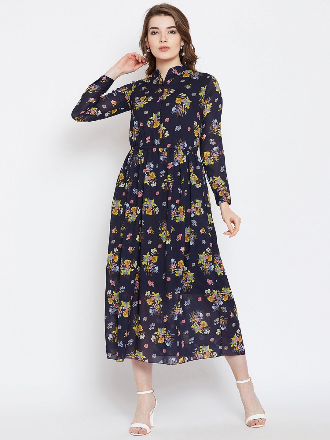 

CHROME & CORAL Women Navy Blue Printed Fit and Flare Dress
