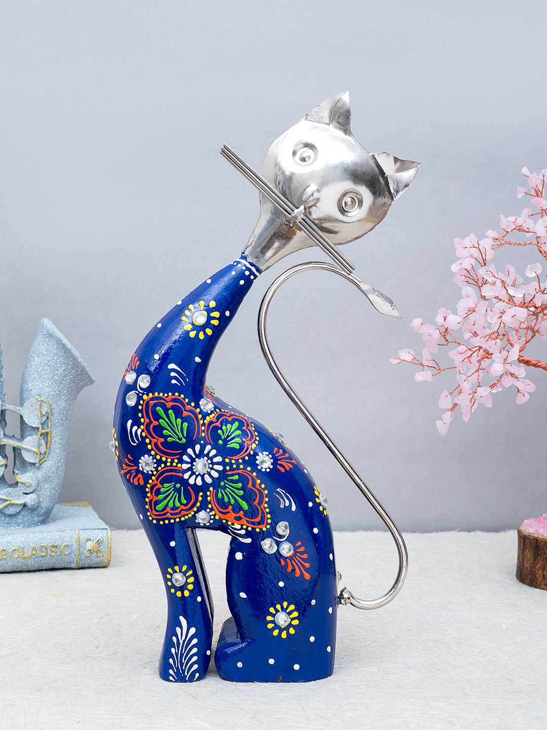 

Golden Peacock Blue Handcrafted Cat-Shaped Showpiece