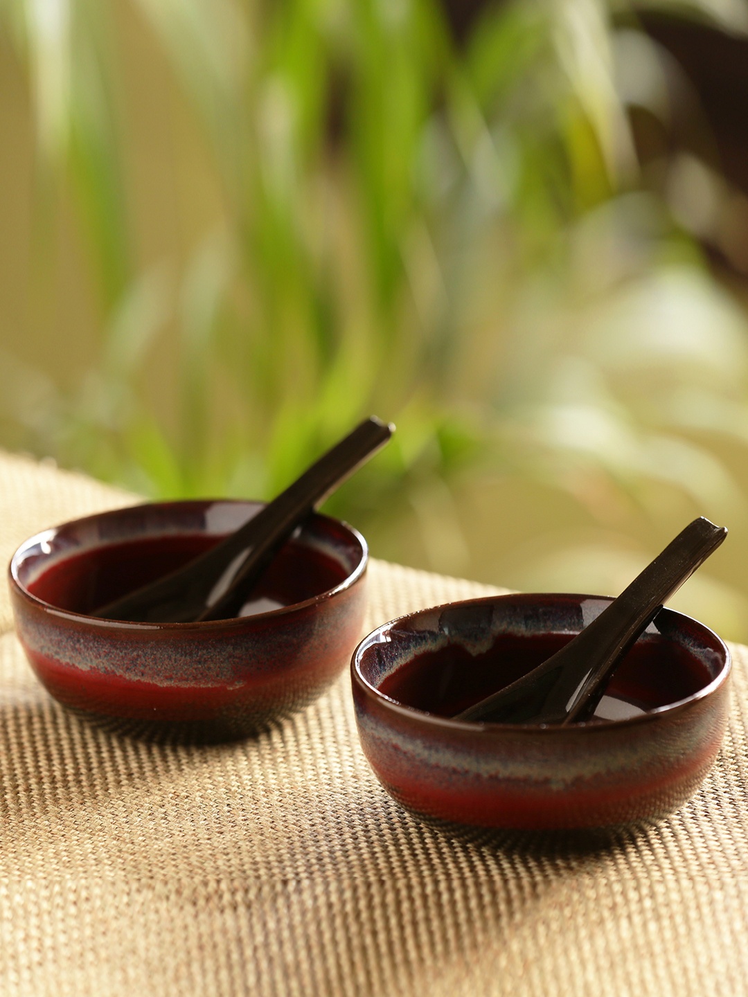 

ExclusiveLane Maroon Set of 2 Studio Pottery Ceramic Hand Glazed Soup Bowls With Spoons, Brown