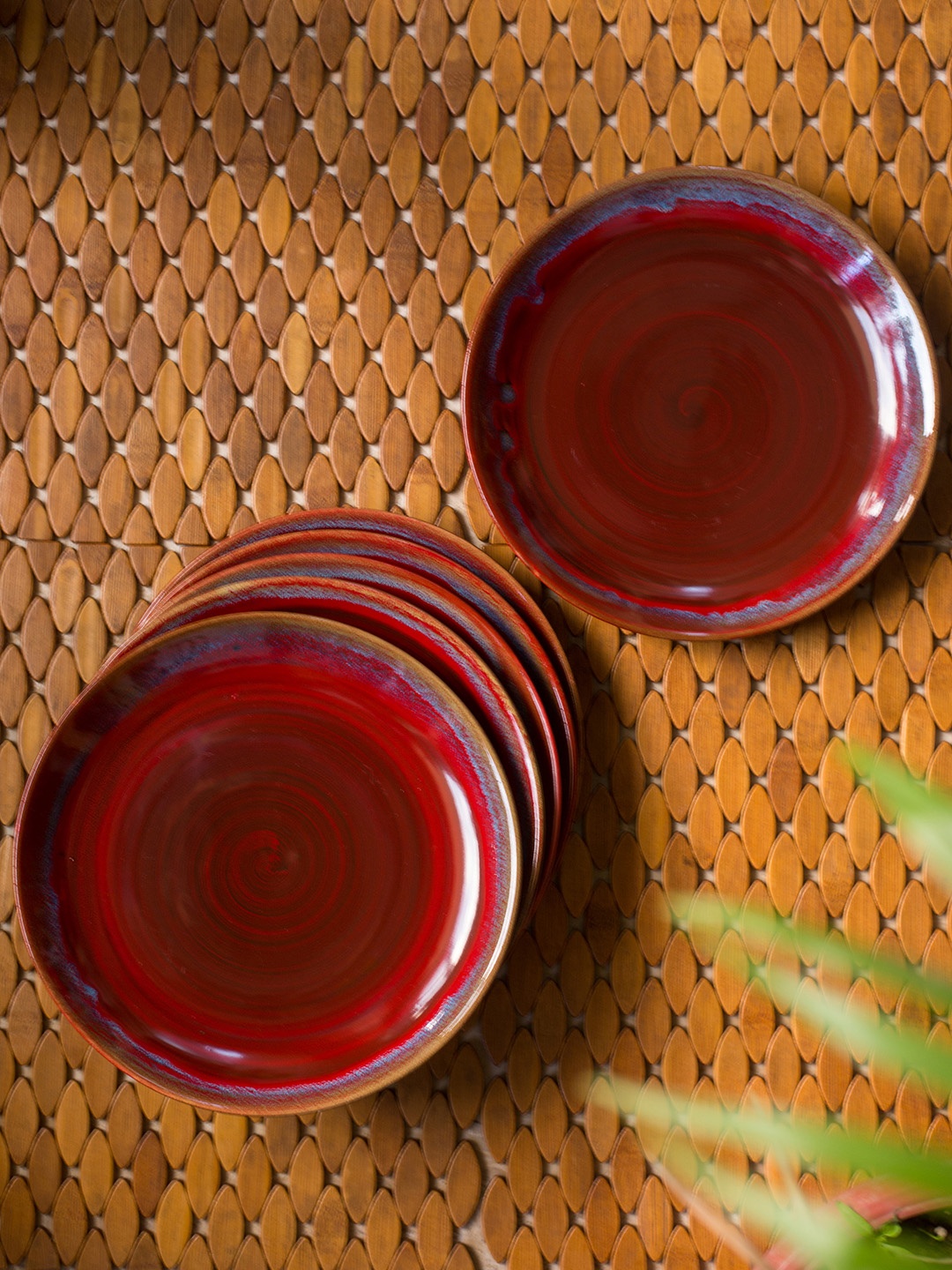 

ExclusiveLane Set of 6 Crimson Handglazed Ceramic Dinner Plates, Maroon