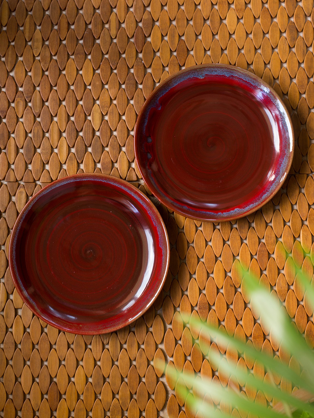 

ExclusiveLane Set of 2 Crimson Frisbee Handglazed Studio Pottery Ceramic Dinner Plates, Maroon