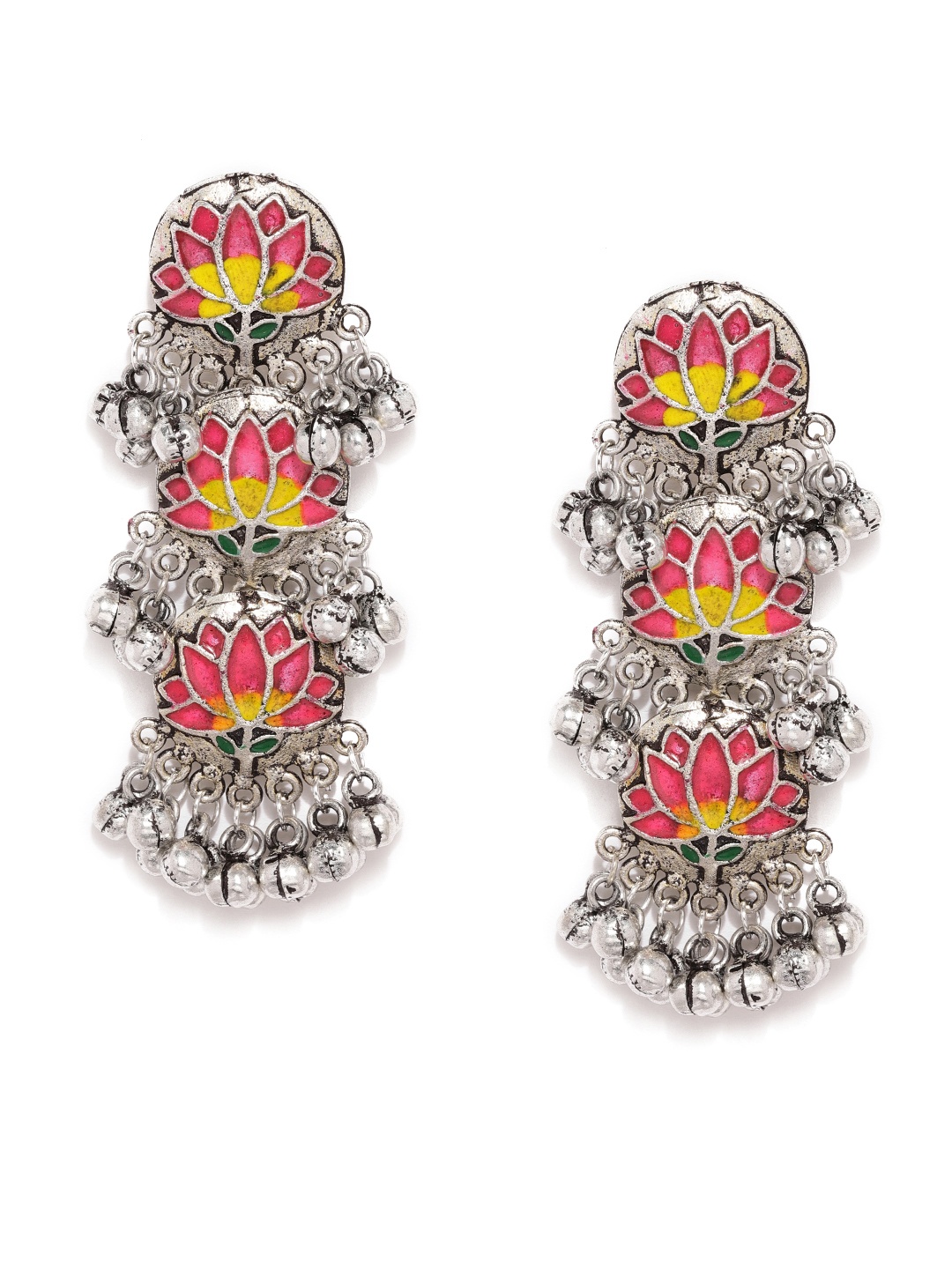 

justpeachy Oxidized Silver-Toned & Pink Enamelled Circular Drop Earrings