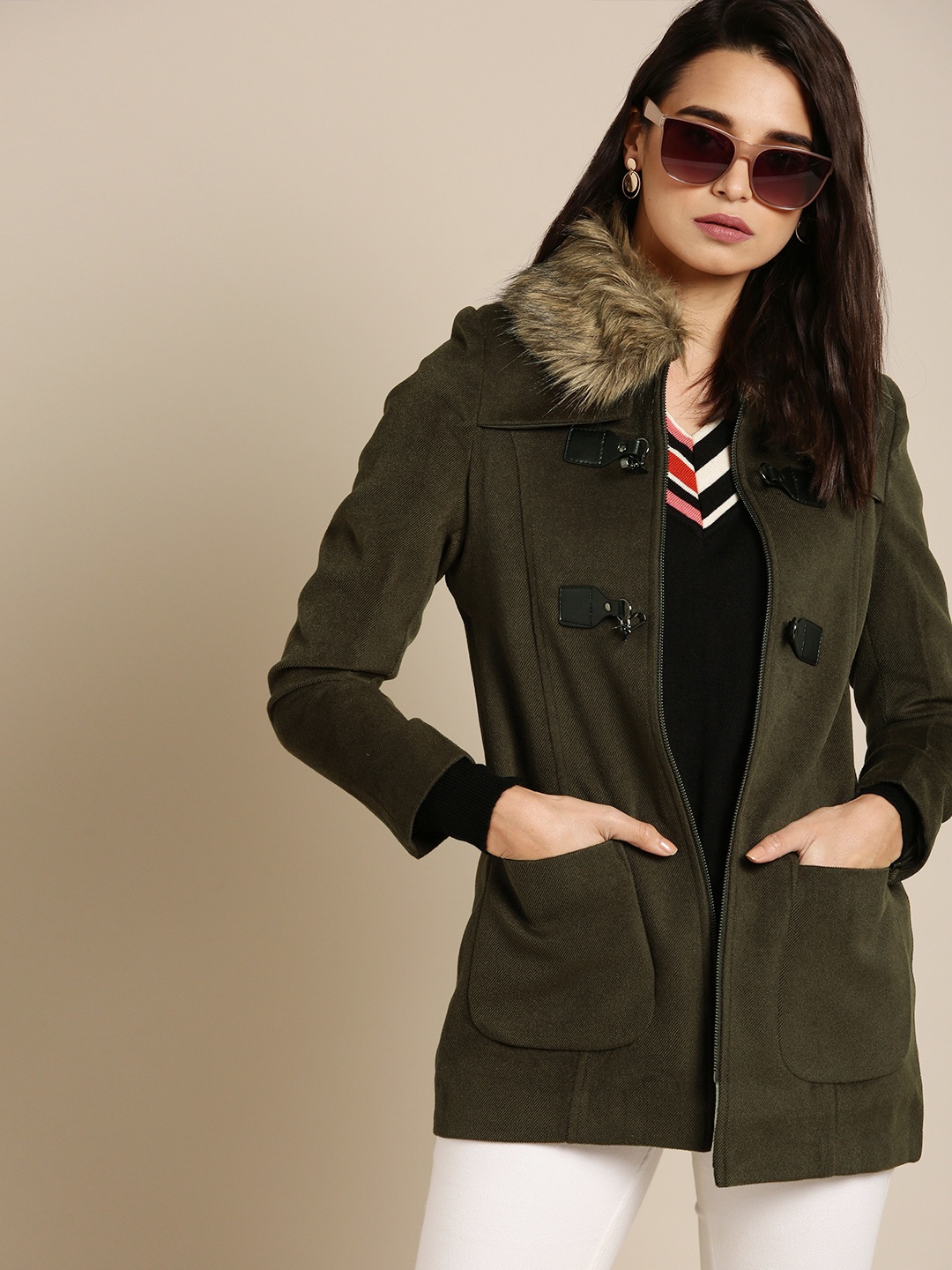 

DressBerry Women Olive Green Hooded Parka Coat