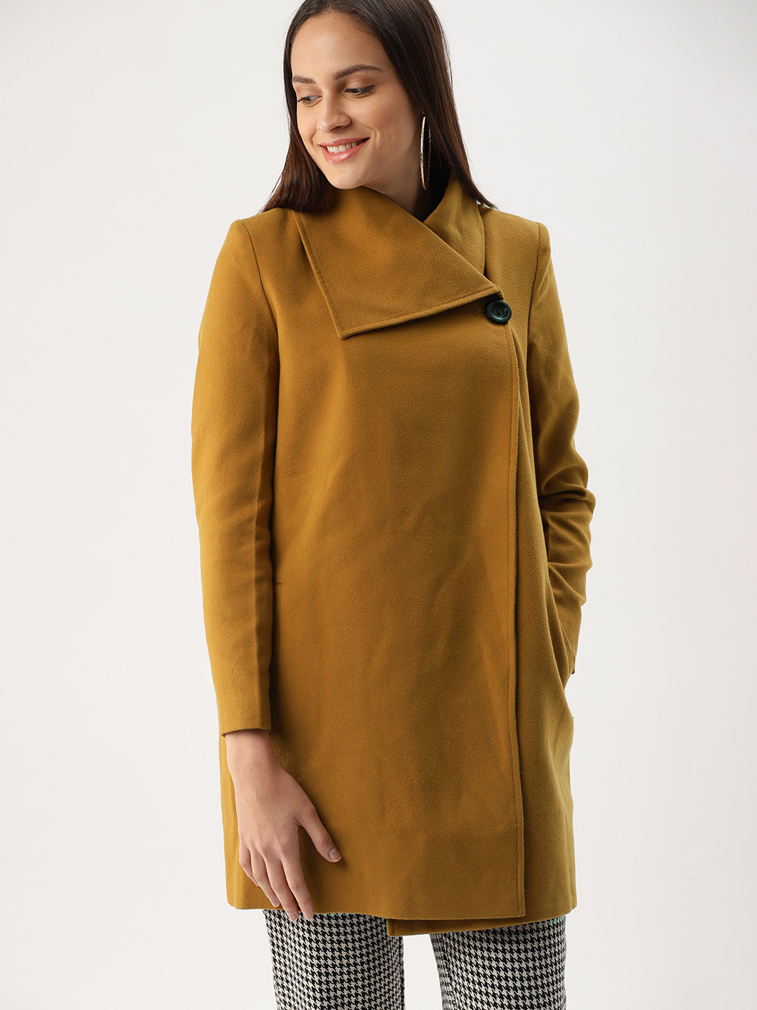 

DressBerry Women Mustard Yellow Solid Regular Fit Overcoat