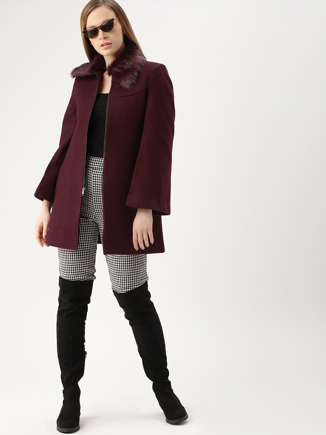 

DressBerry Women Maroon Solid Coat