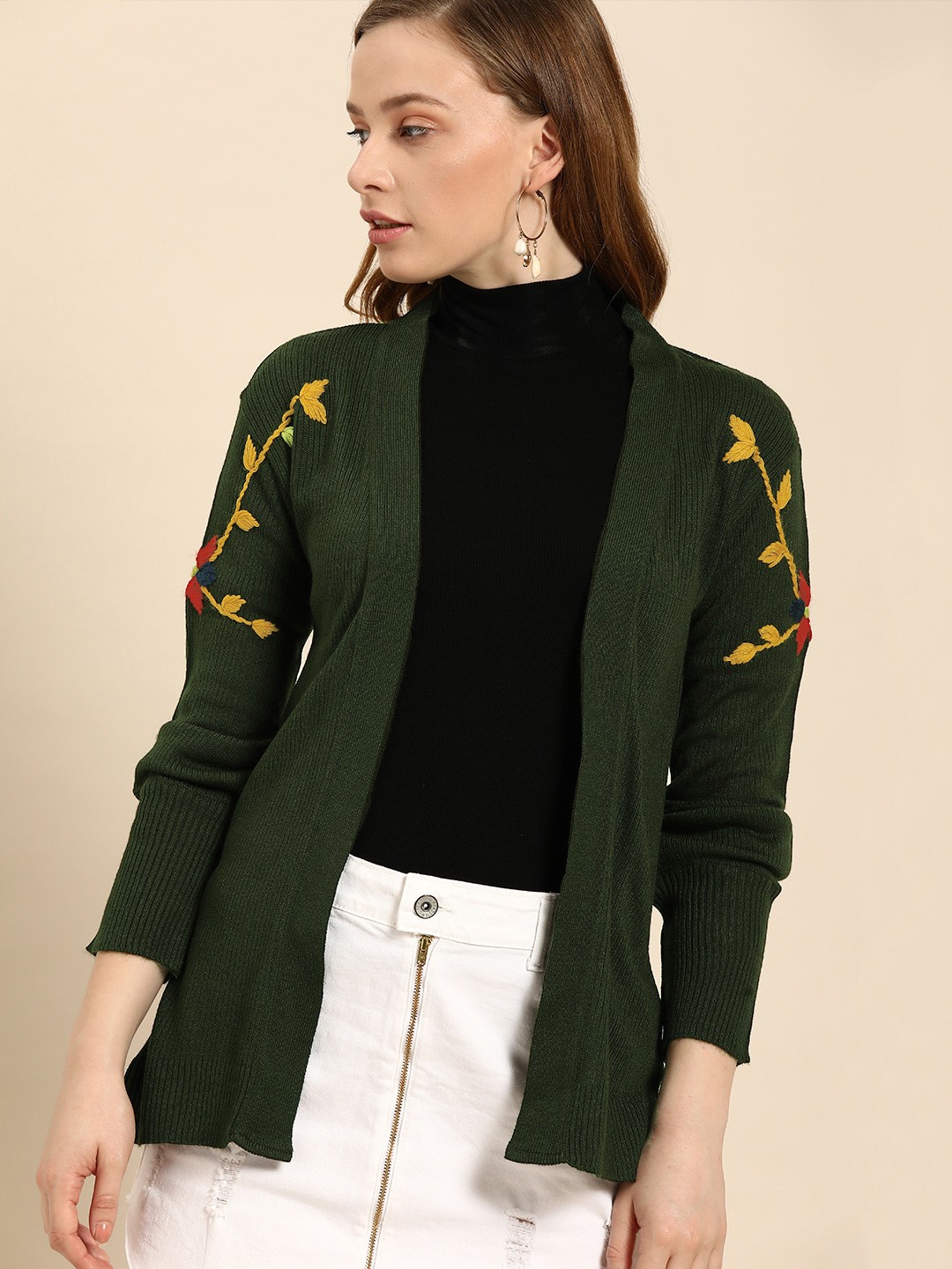

DressBerry Women Olive Green Solid Front-Open Sweater