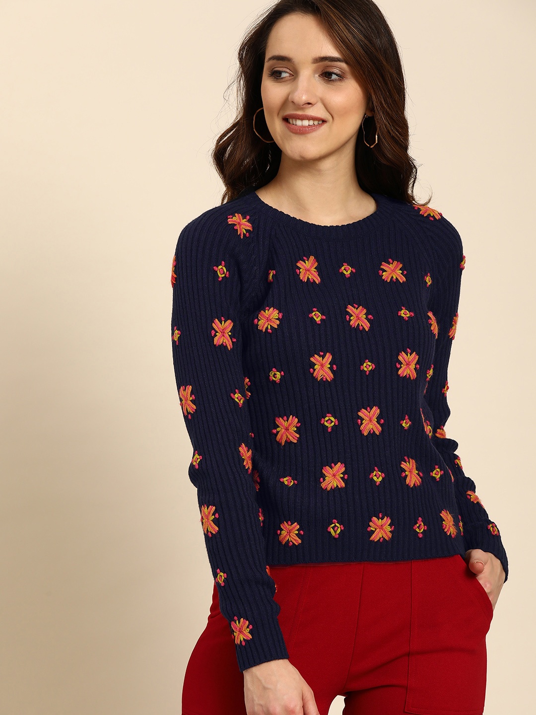 

DressBerry Women Navy Blue Embroidered Pullover Sweater