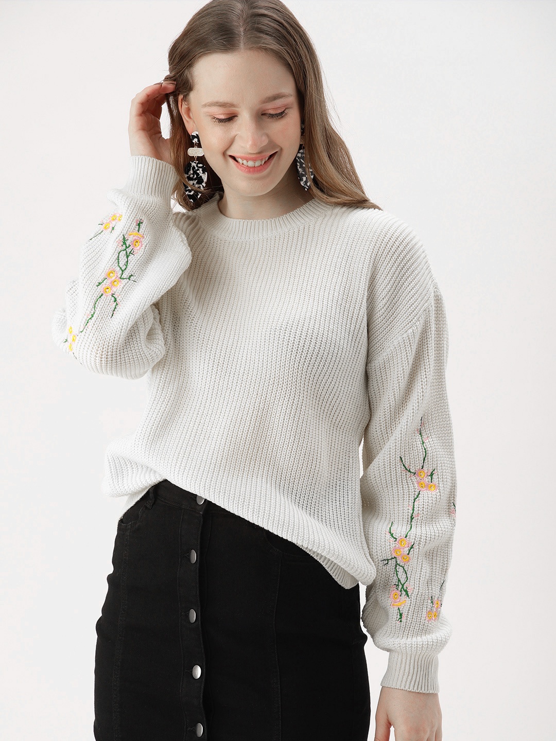 

DressBerry Women Off-White Self Design Sweater