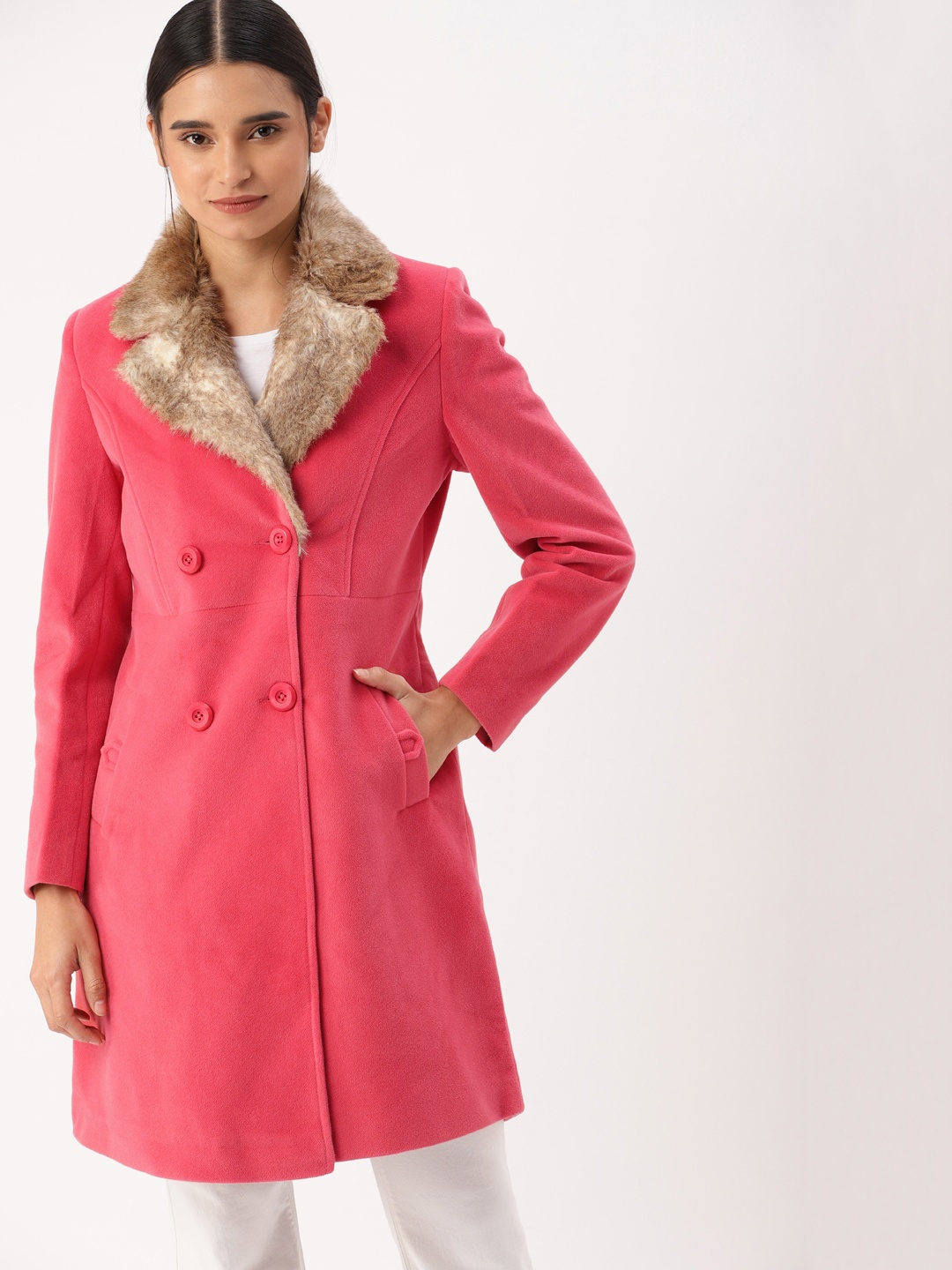 

DressBerry Women Pink Solid Parka Coat