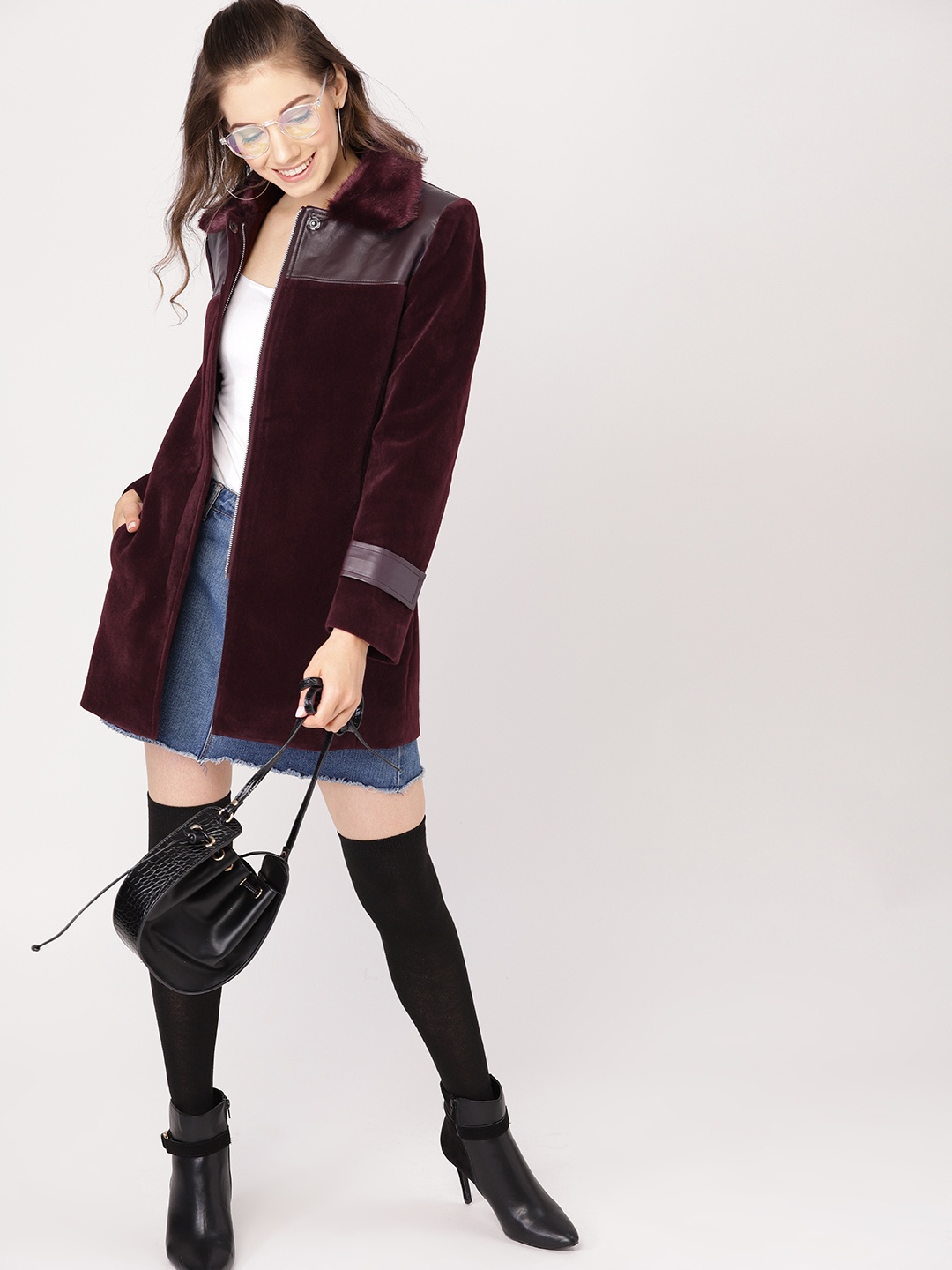 

DressBerry Women Burgundy Solid Overcoat